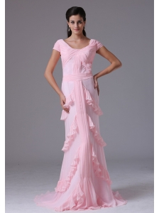 Canton Connecticut Custom Made Baby Pink Scoop Short Sleeves Column Prom Dress With Ruffed Layer