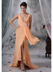 Clive Iowa Sexy High Slit 2013 Prom / Evening Dress Light Orange High-low V-neck