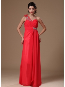 Coral Red One Shoulder Floor-length Empire Chiffon Beaded Decorate Shoulder Prom Dress For 2013 Custom Made
