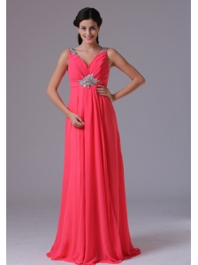 Coral Red V-neck Beading and Ruch Plus Size Prom Dress With Floor-length In Norwalk Connecticut