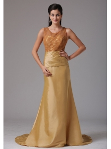 Custom Made Gold Scoop Ruch and Lace Prom Dress With Satin In Greenwich Connecticut 2013