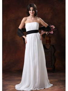 Custom Made White Chiffon Brush Train Low Cost Wedding Dress With Black Belt Decorate In Safford Arizona