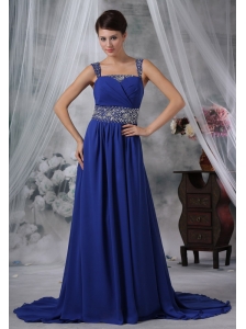 Des Moines Iowa Beaded Decorate Straps and Waist Brush Train Royal Blue Chiffon Prom / Evening Dress For 2013