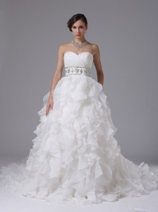 Gorgeous Wedding Dress Ruched Bodice Beaded Decorate Waist and Ruffled Layers In Arnold California