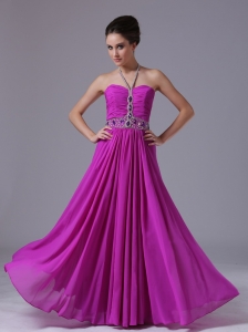 Halter Beading Fuchsia Chiffon 2013 Prom Dress Floor-length