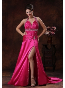 High Slit Hot Pink Prom Dress With Halter Beaded Decorate In Orange Beach Alabama