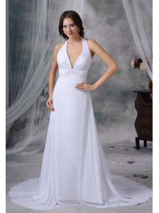 Newton Iowa Halter Top Beaded Decorate Waist Court Train Chiffon Sexy Style Beach Wedding Dress For 2013