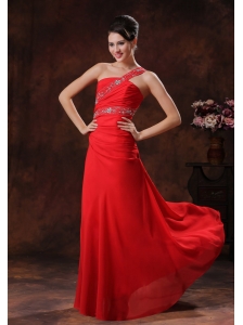 One Shoulder Coral Red Chiffon Prom Dress With Beaded Decorate In Greer Arizona
