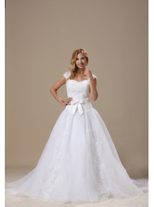 Square Cap Sleeves and Sash For Wedding Dress With Lace Bodice