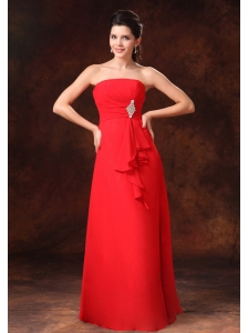 Strapless Red Empire Chiffon 2013 Prom Gowns With Beading Floor-length For Customize