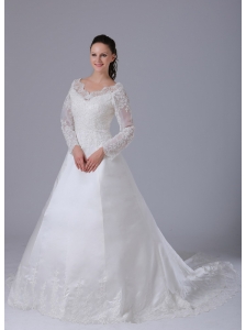 A-line V-neck Long Sleeves Lace Decorate Wedding Dress With Court Train In Bloomfield Connecticut