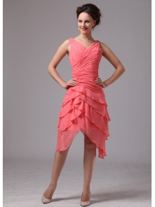 Athens Georgia Ruch and Layers V-neck Chiffon Homecoming Dress For Custom Made Watermelon Red