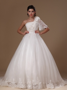 Shoulder Dress on Ball Gown One Shoulder Court Train One Sleeve Tulle Wedding Dress For