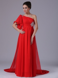 Chiffon One Shoulder Beading Red Watteau 2013 Evening Dress