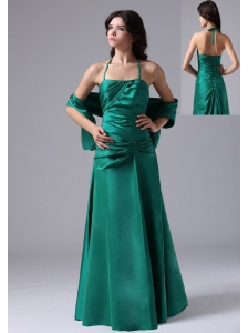 Halter Dark Green Ruched Bodice For Prom / Evening Dress With Floor-length Taffeta