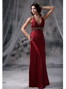 Jefferson Iowa Beaded Decorate Halter and Waist Floor-length Wine Red Prom / Evening Dress For 2013