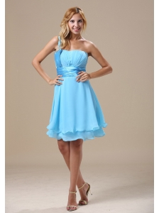 Missouri One Shoulder Light Blue Chiffon Ruched Decorate Bust Knee-length 2013 Prom / Homecoming Dress
