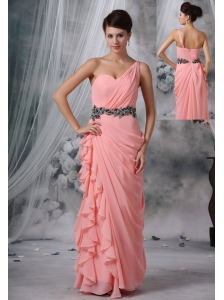 Spencer Iowa Beaded Decorate Waist Ruched Decorate One Shoulder Light Pink Chiffon Floor-length For 2013 Prom / Evening Dress