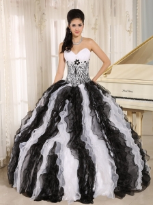 White and Black Ruffles Quinceanera Dress With Appliques Sweetheart For Custom Made In Honolulu City Hawaii