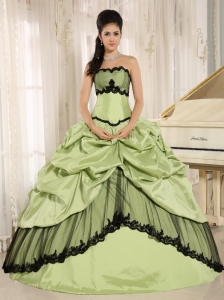 Yellow Green and Black Pick-ups Appliques Quinceanera Dress For Custom Made In Kamuela City Hawaii Taffeta