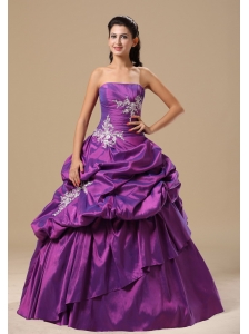 Ann Arbor Appliques Decorate Bodice Strapless Pick-ups Purple Floor-length Military Ball Gowns