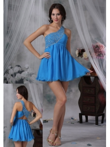 Council Bluffs Iowa Beaded Decorate One Shoulder Mini-length Chiffon Blue For 2013 Prom / Cocktail Dress