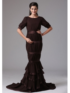 Custom Made Brown Mermaid Scoop Ruffled Layeres Mother Of Bride Dress With Chiffon In Darien Connecticut