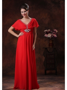 Custom Made Red V-neck Chiffon Dama Dresses for Quinceanera With Short Sleeves In 2013 Kingman Arizona