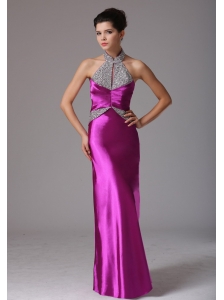 Fuchsia Halter Beaded Decorate Prom Celebrity Dress With Floor-length In Arkansas