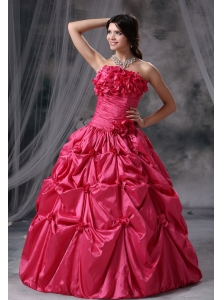 Panora Iowa Hand Made Flowers and Pick-ups Decorate Bodice Ruch Ball Gown Floor-length Coral Red Strapless Military Ball Gowns For 2013