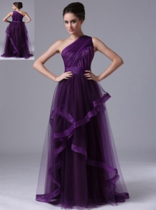 One Shoulder Tulle Empire Purple Ruched 2013 Prom Dress