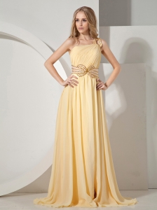 2013 Beaded One Shoulder Chiffon For Yellow Prom / Evening Dress With Brush Train