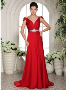 2013 V-neck Cap Sleeves Red  Beading and Ruch Evening Gowns With Brush Train