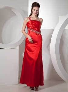 Beaded Decorate One Shoulder and Waist Ankle-length Red Taffeta Ruch Popular Style 2013 Prom / Evening Dress