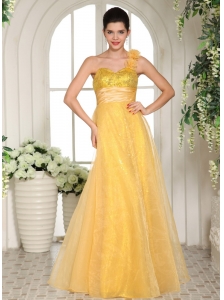 Custom Made Light Yellow One Shoulder Beading and Ruch Prom Dress With Strapless