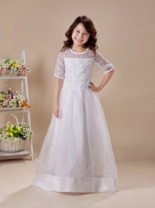 Embroidery Elegant Organza Scoop White A-Line Flower Girl Dress Half Sleeves