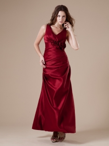 Hand Made Flowers V-neck Ankle-length Wine Red 2013 Bridesmaid Dress
