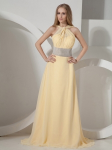 Light Yellow and Belt For Custom Made Evening Dress With Chiffon