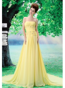 Light Yellow Strapless For Custom Made Prom Dress With Ruched Bodice and Beading