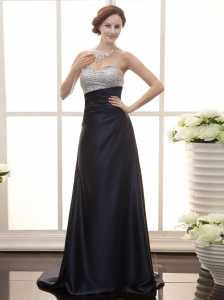 Navy Blue Column Sweetheart Neck Beaded Satin Stylish Prom Gowns
