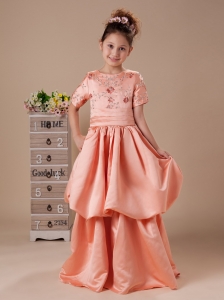 Orange Red Short Sleeves High Neck A-line Flower Girl Dress With Back Bowknot Hottest
