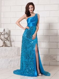 Paillette Over Skirt Beaded Decorate One Shoulder High Slit Bodice Custom Made Evening Gowns