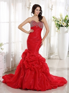 Red Mermaid Sweetheart Celebrity Prom Dress Beaded Decorate Bust and Ruch