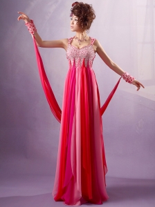 2013 Red Straps Applqiues Decorate Bust Prom Dress With Chiffon For Party
