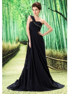 Black One Shoulder Prom Dress Appliques and Ruch In Graduation