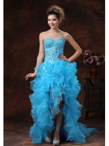 High-low Aqua Blue For 2013 Prom Dress With Beaded Bodice and Ruffles