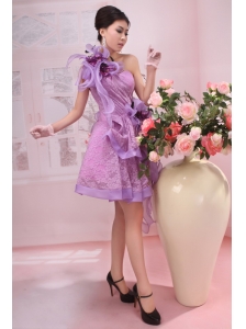 Hand Made Flowers One Shoulder Lace and Organza Lavender Knee-length Prom Dress