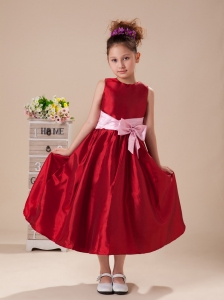 Pink Bowknot Wine Red High Neck Taffeta Flower Girl Dress For Customize Hottest
