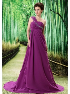 Purple One Shoulder Prom Dress Appliques and Ruch In Graduation