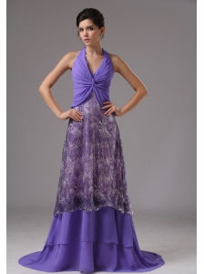 Purple Custom Made Halter Ruched Bodice For Prom Dress